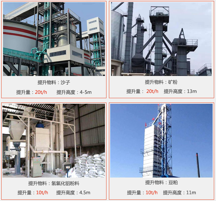 鬥式提升機用戶使用現場圖片：提升沙子提升量：20t/h提升高度：4-5m提升物料：礦粉提升量：20t/h提升高度：13m提升物料：氫氧化鋁粉料 提升量：10t/h提升高度：4-5m提升物料：豆粕提升量：10t/h提升高度：11m